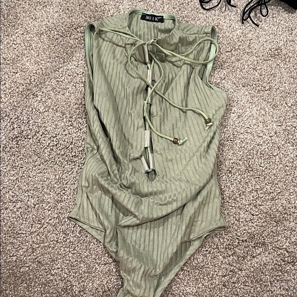 Green Ribbed Sleeveless Bodysuit with Mandarin Collar